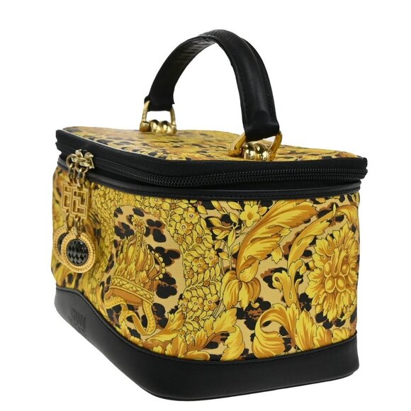 GIANNI VERSACE Logo Sun Vanity Hand Bag PVC Leather Black Gold - Picture 2 of 16